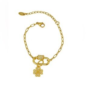 NEW 18K GOLD PLATED OVAL CARABINER BRACELET WITH STERLING SILVER CLOVER CHARM
